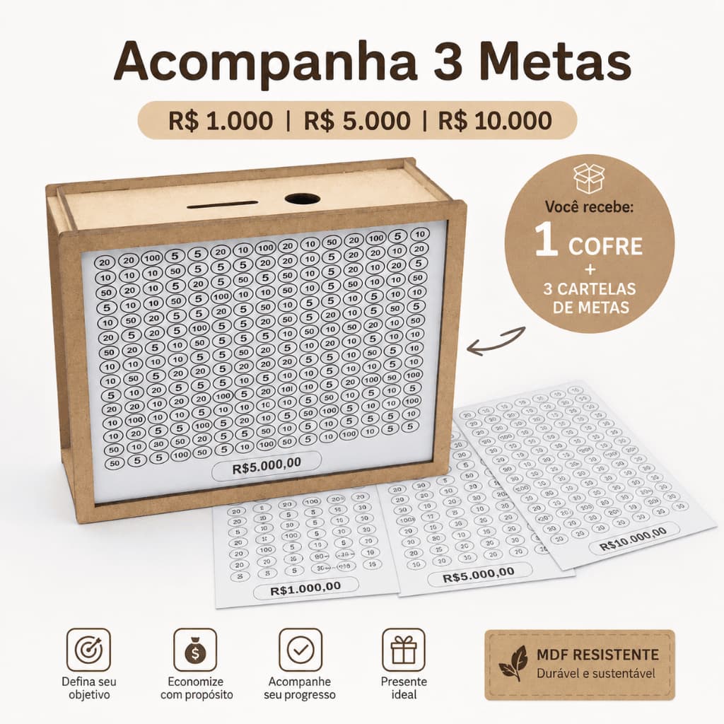 Cofre Organizador De Metas Em MDF Com 3 Cartelas Removíveis 1000 5000 10000 Decorativo