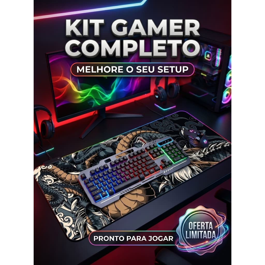 Kit Gamer Aportex Teclado ABNT2 Mouse LED RGB Mousepad Dragão 80x30cm