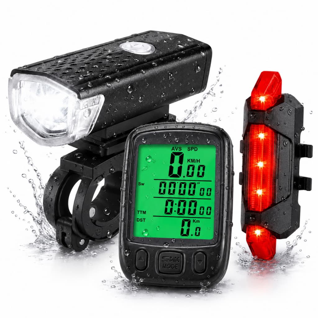 Kit Farol Bike Led Recarregável 300 Lumens + Velocímetro Gps Cronômetro Lcd Odômetro