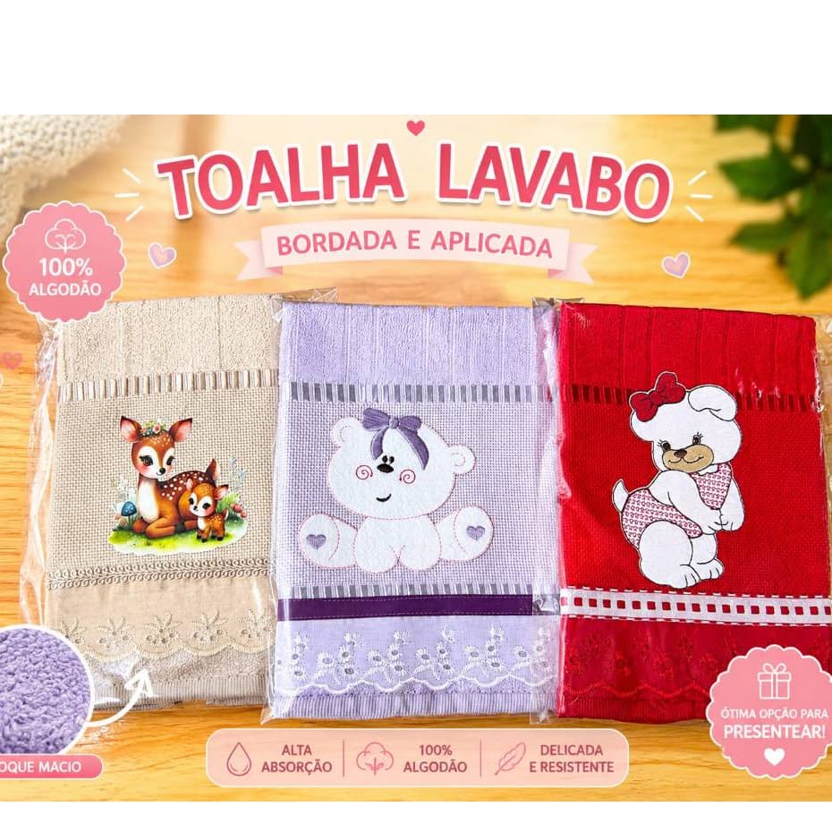 Toalhinhas  de Lavabo Infantil  com lindos Apliques e Detalhes Laço, Bordado Inglês,e Sianinha, Macias e Coloridas.