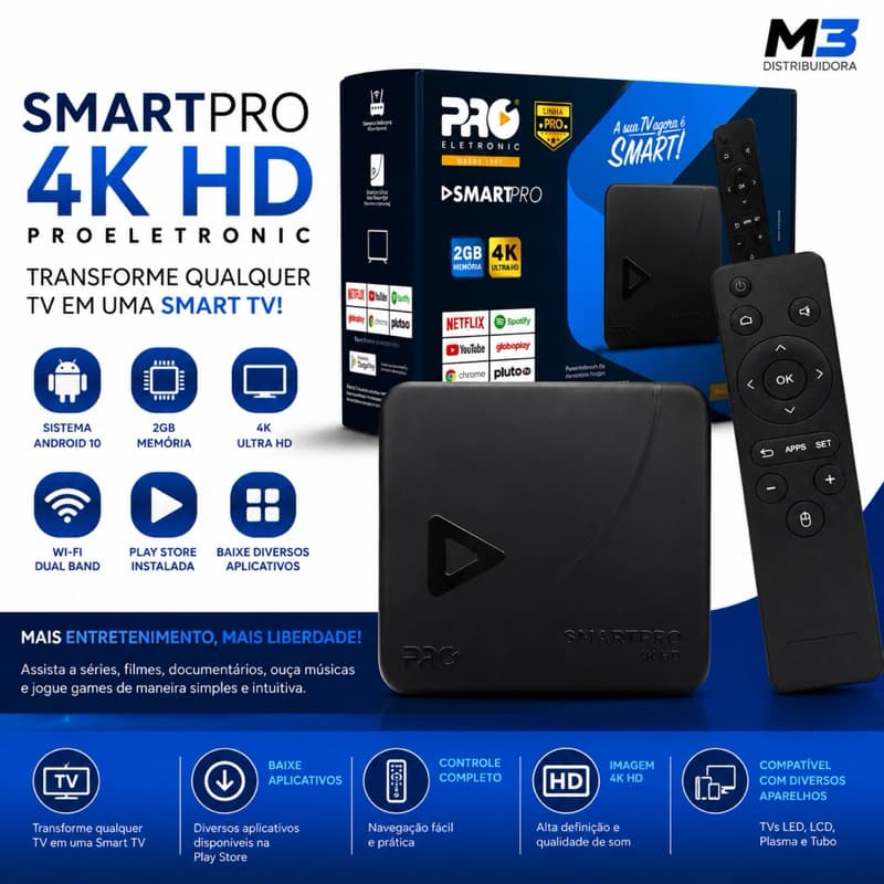SmartPRO 4K HD Streaming player Transforma sua TV em Smart TV Proeletronic