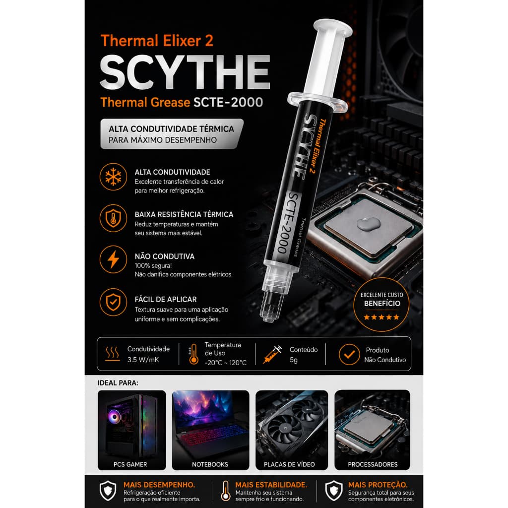 Pasta Térmica Scythe Thermal Elixer 2 5g SCTE-2000 Alto poder condutivo, pc refrigerado