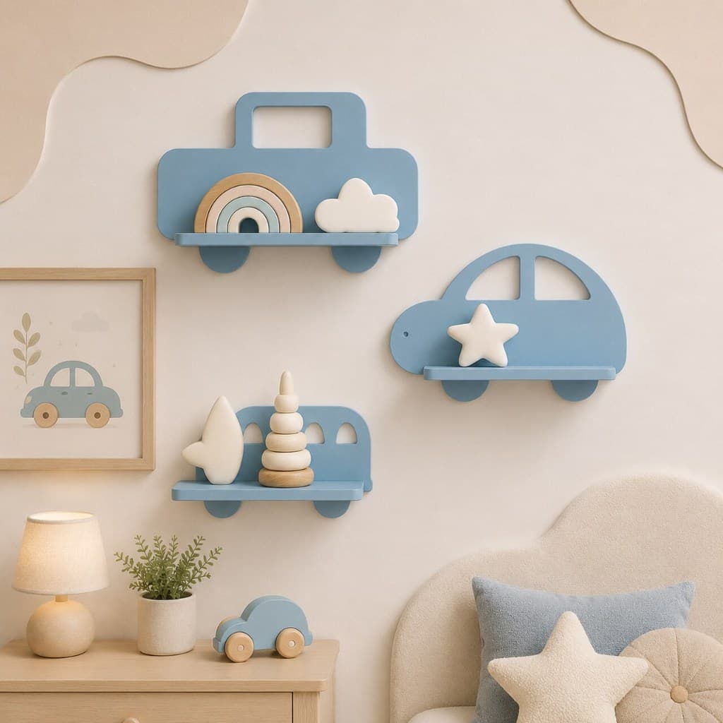 Trio de prateleiras de carrinhos Kit com 3 prateleiras Carros em MDF
