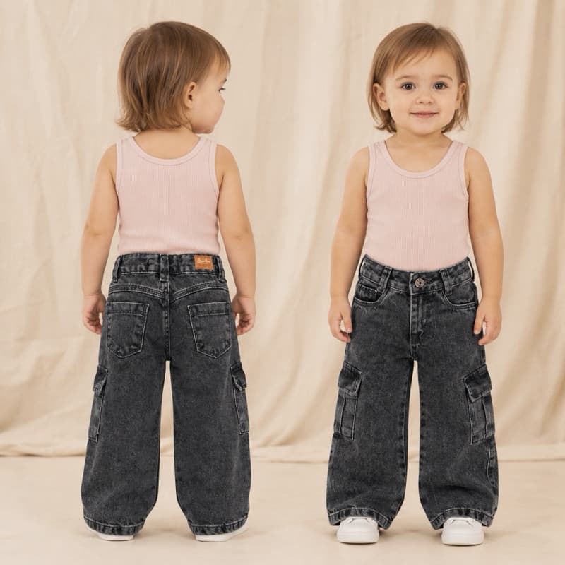 Calça Cargo Infantil Menina Jeans Preto Estonado Marmorizada Streetwear Estilosa