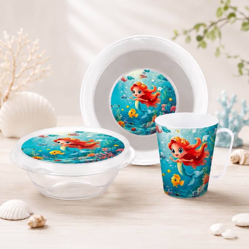 Kit Infantil Sereia Prato Fundo Tigela Com Tampa E Caneca Refeição Completa Presente Kids
