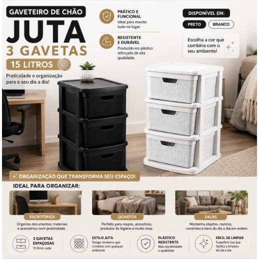 Gaveteiro de chão Juta 15 Litros, Branco ou Preto Resistente - Jaguar