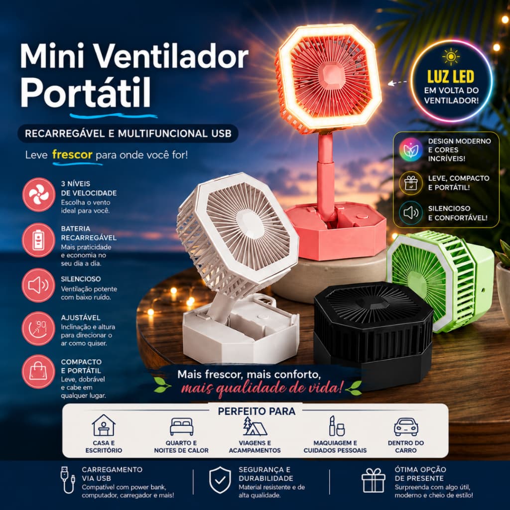 Mini Ventilador Portátil Cool Summers Recarregável Lindo e  Multifuncional USB