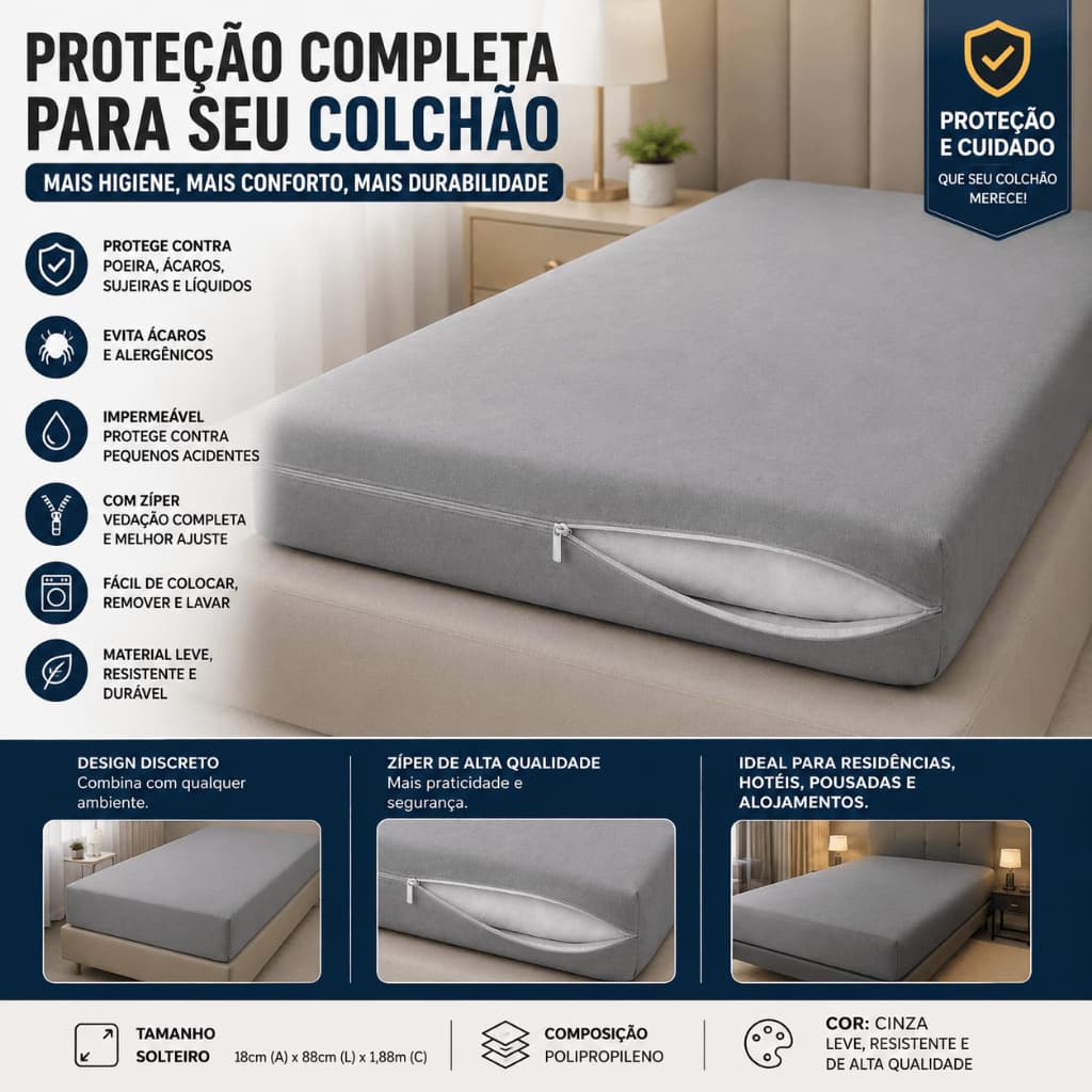 Capa Protetora Para Colchão Com Zíper Solteiro Casal Impermeável Contra Poeira Ácaros Cinza