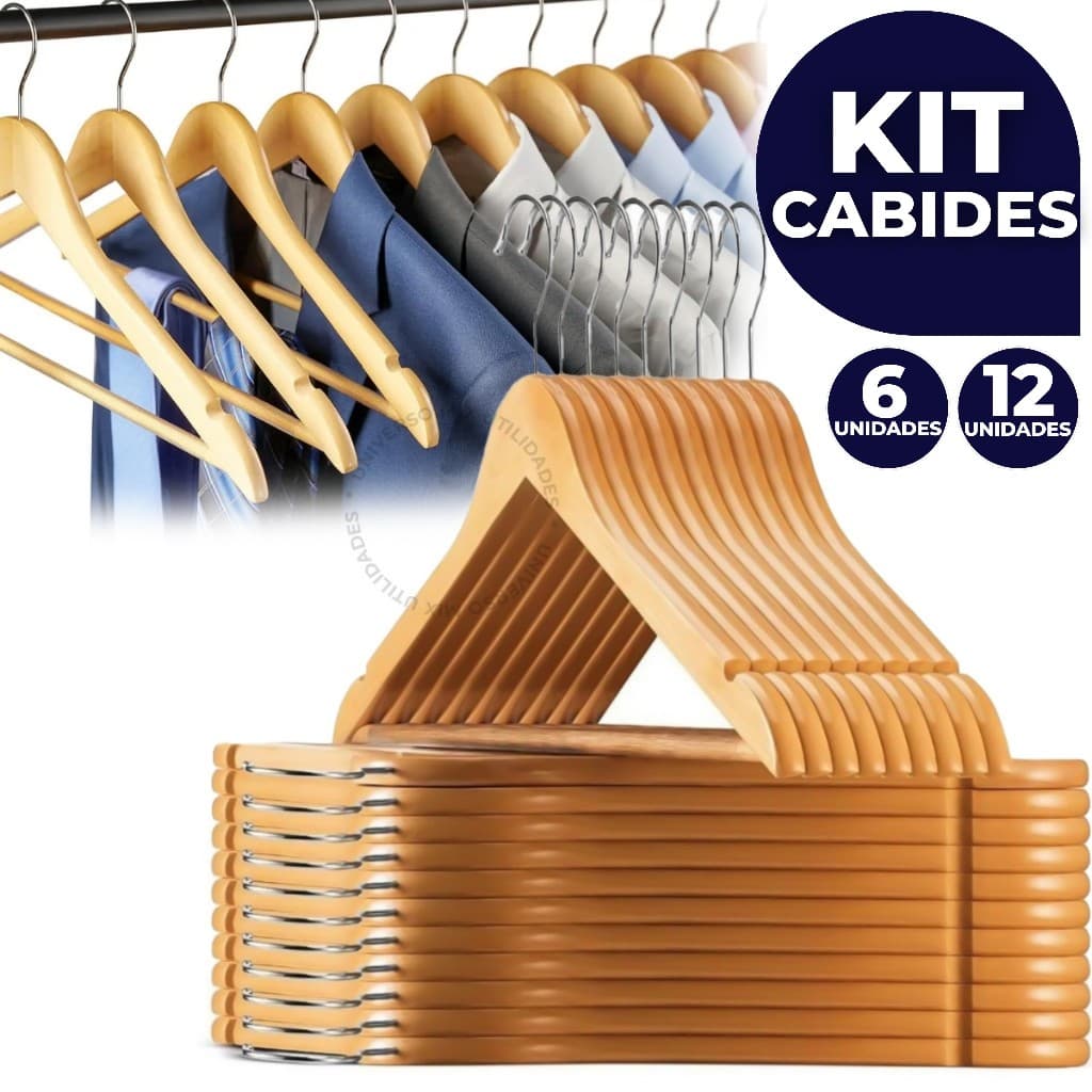 Kit Até 12 Cabides De Madeira Premium Marfim Para Roupas Calça Gancho Cromado