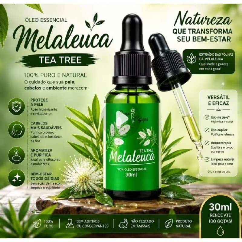 Óleo Essencial Melaleuca 100% Puro Tea Tree 30ml tratamento de acne, oleosidade da pele, fungos nas unhas e micoses.