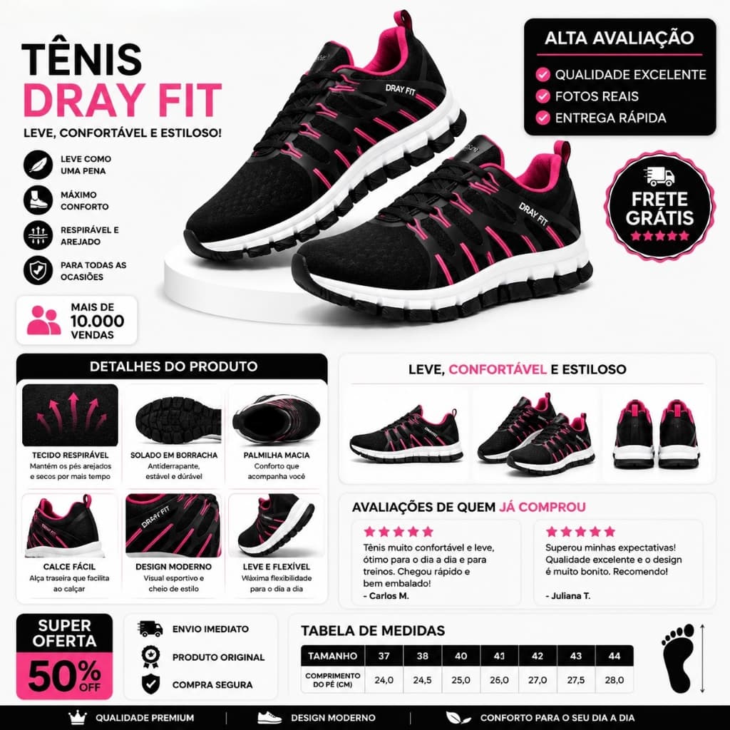 Tênis Esportivo Feminino Masculino Dray Fit Unissex Confortável Solado premium antiderrapante