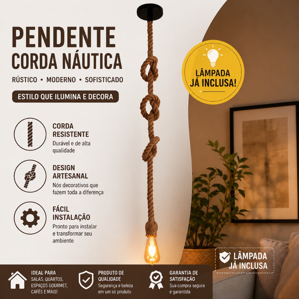 Pendente de Corda Náutica 1 Metro Retrô Vintage E27 – Estilo Rústico, Industrial e Decorativo | Bivolt 110V/220V |