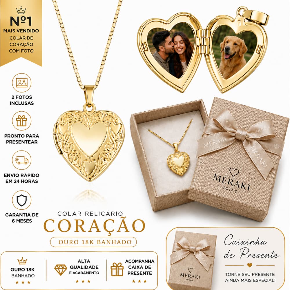 Relicário Coração Banhado a Ouro 18k Folheado Pingente Com foto e Caixa De Presente Corrente 45cm