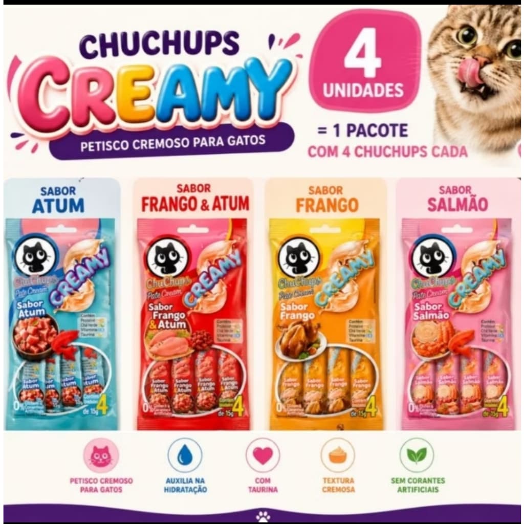 ChuChups Petisco Gatos Pate Cream Pacote com 4 Tubos de 15g Sabores: Salmão, Frango,Atum E Frango com AtumOriginal