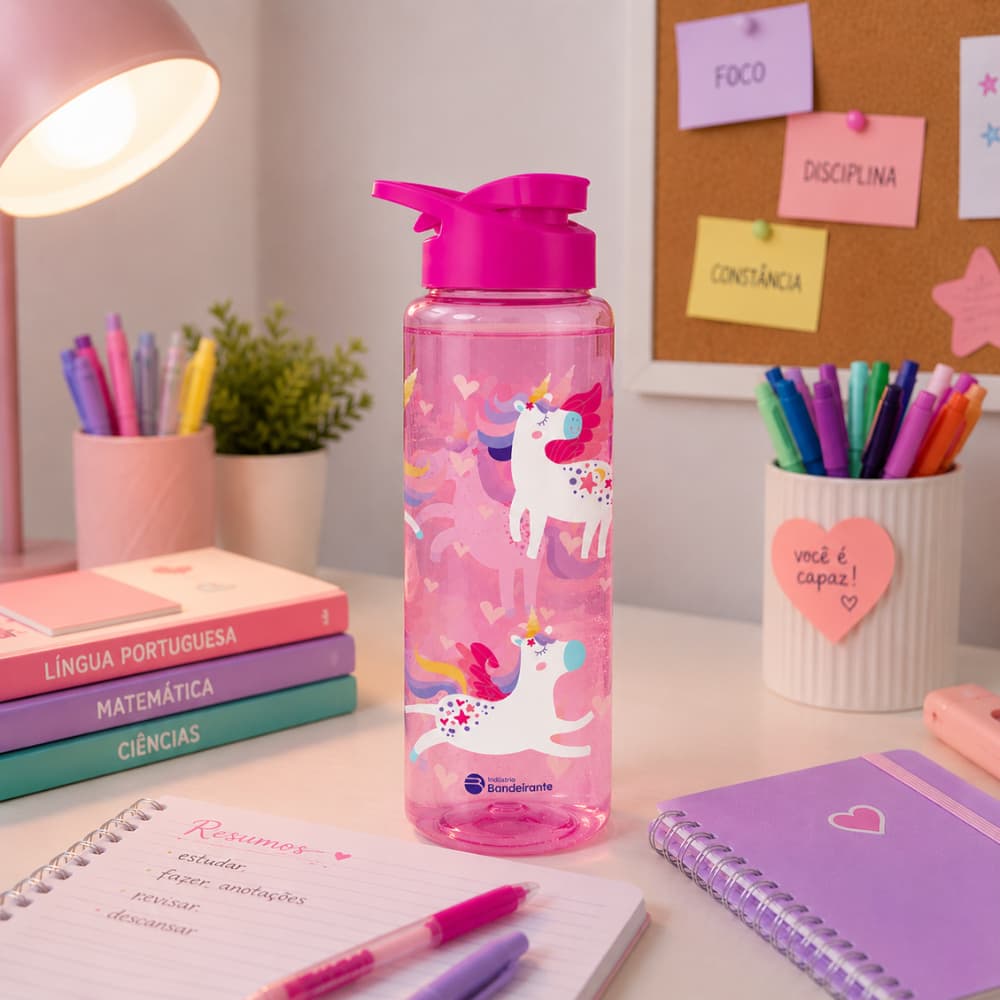 Garrafa de água squeeze unicornio Rosa 750ml Plástico PP