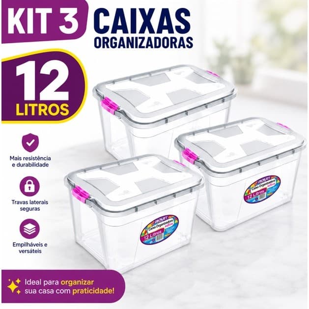 kit 3 Caixas Transparente Organizadoras 12L Cesto Com Travas Brinquedos Ferramentas Roupas Alimentos
