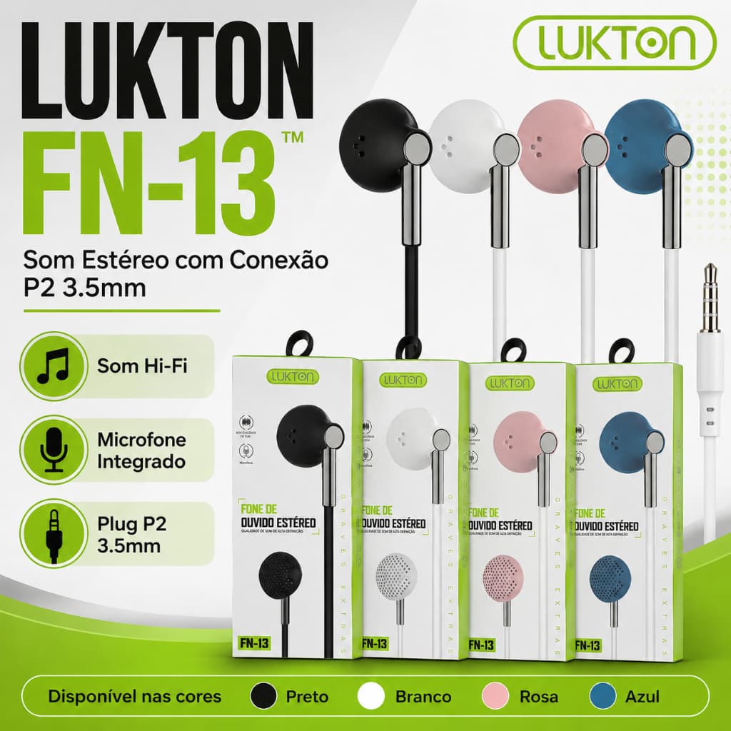Fone De Ouvido Lukton FN-13 Com Fio P2 3.5mm Estéreo Com Microfone Preto Branco Rosa Azul