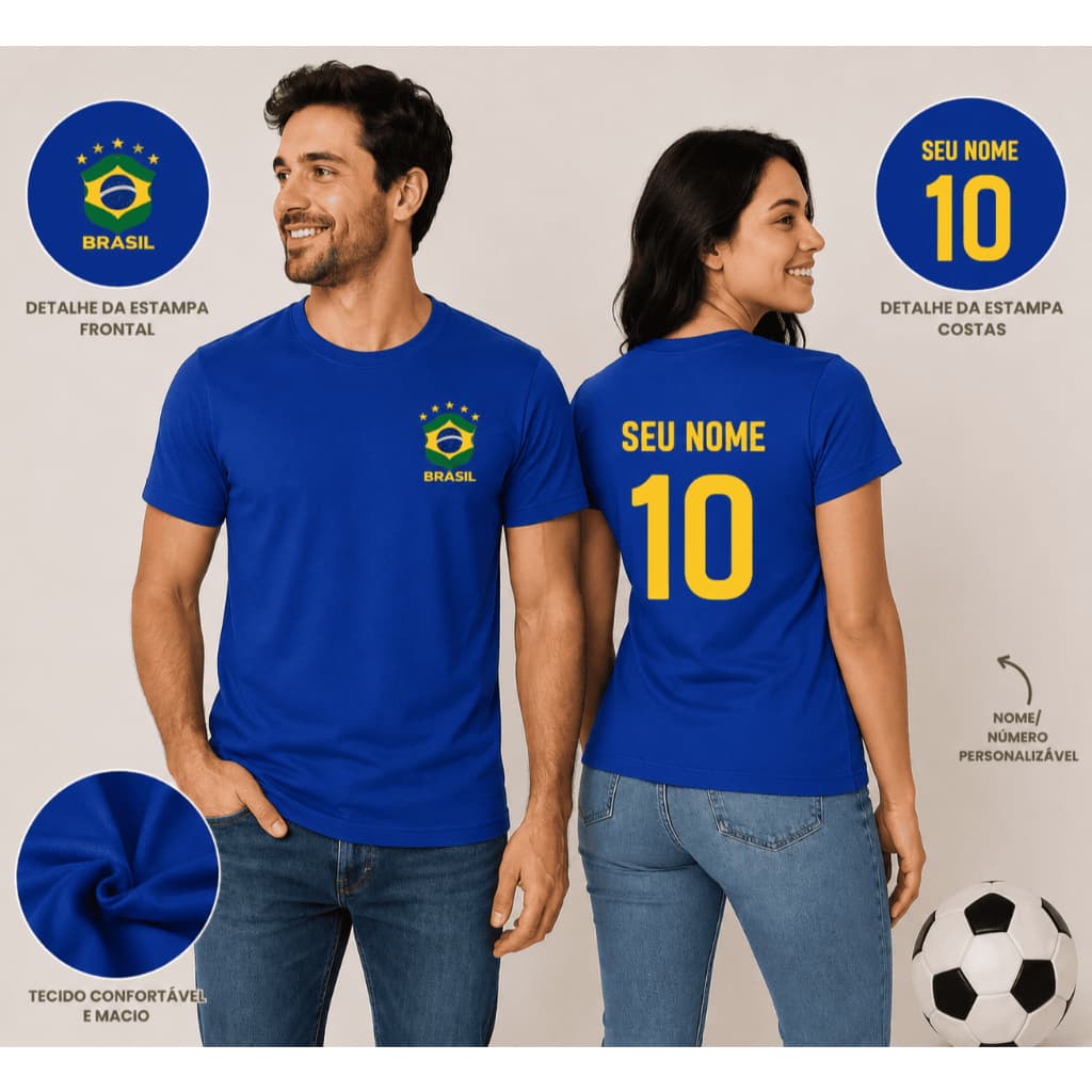 Camiseta em algodão básica Camiseta do Brasil adulta personalizada com nome