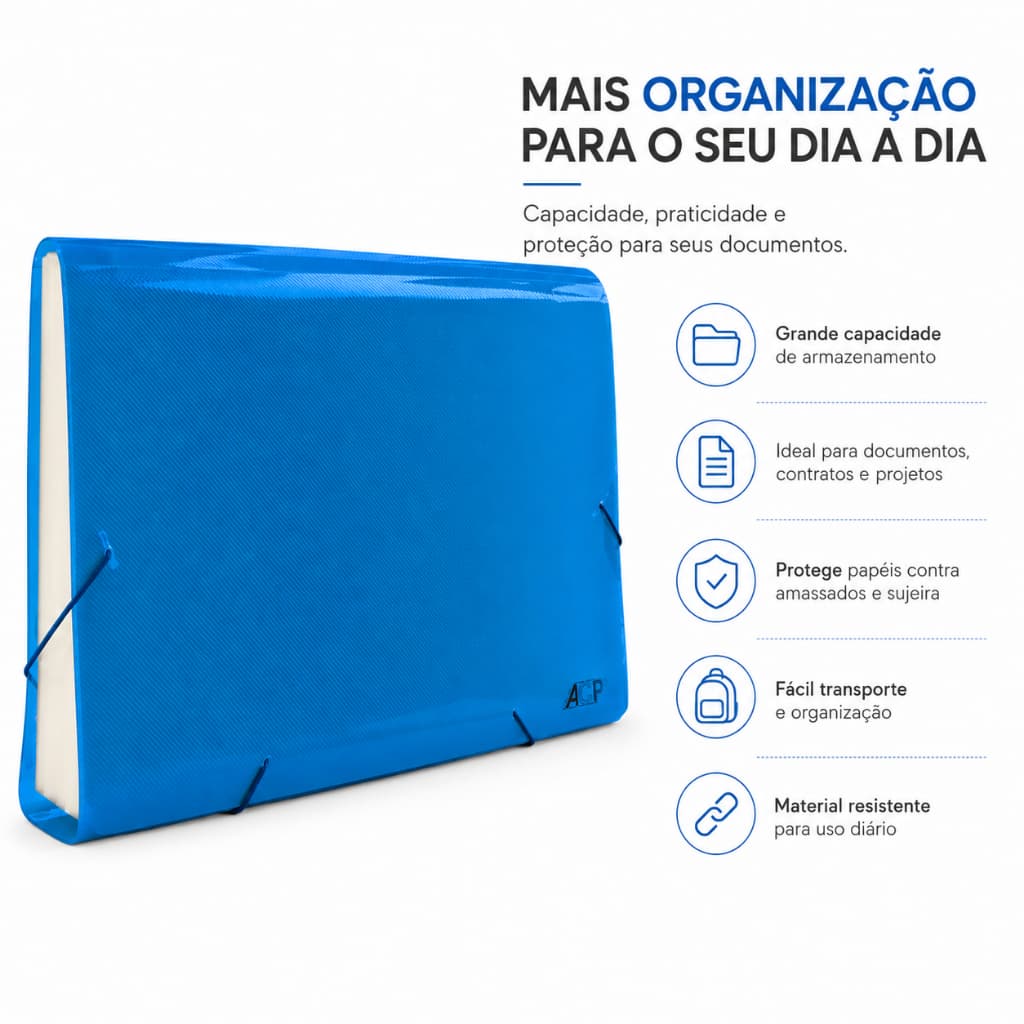 Pasta Sanfonada A4 ACP Azul 31 Divisórias Expansível com Elástico Organizador de Documentos