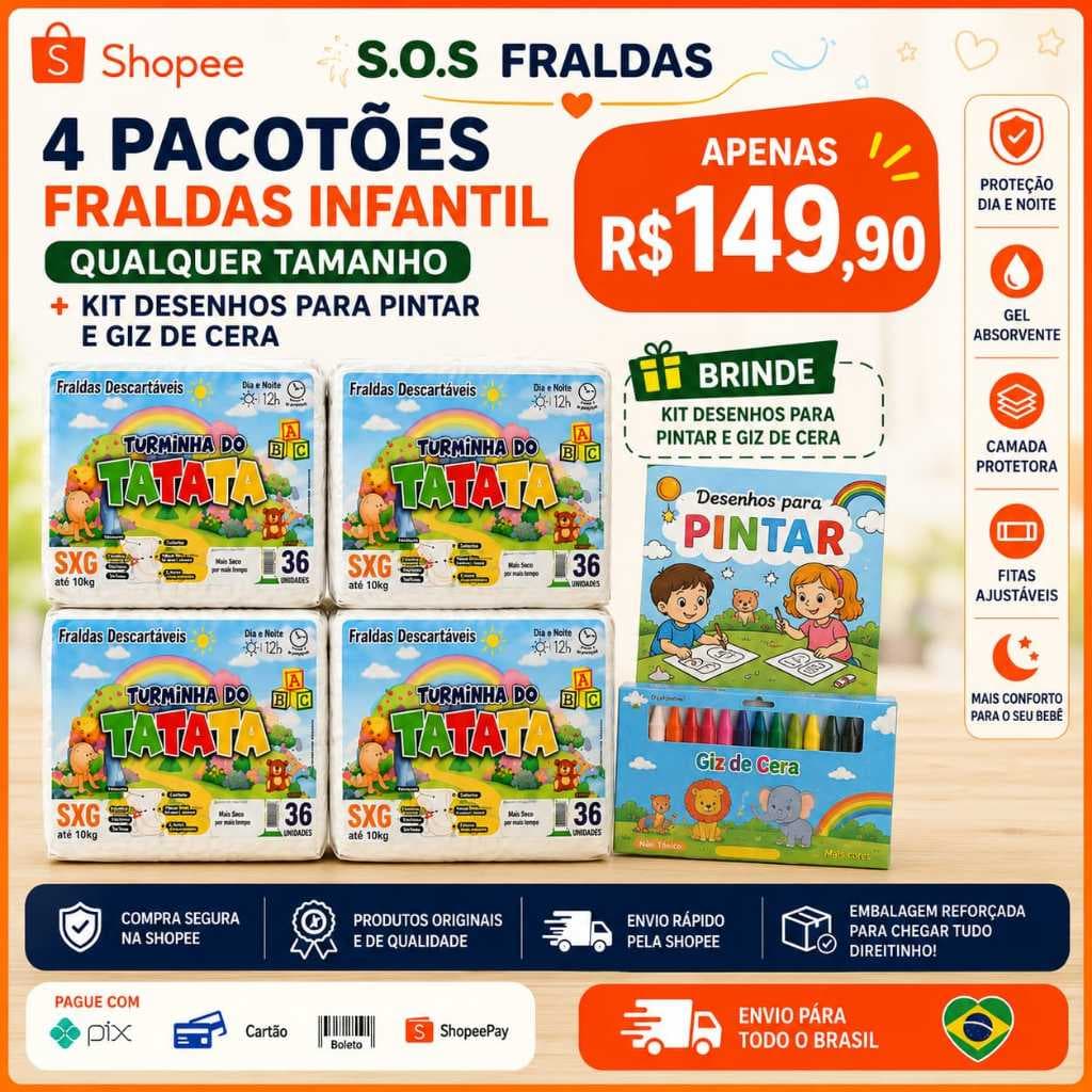 4 Pacotões Fraldas Infantil (Qualquer Tamanho) + Kit Desenhos e Giz de cera