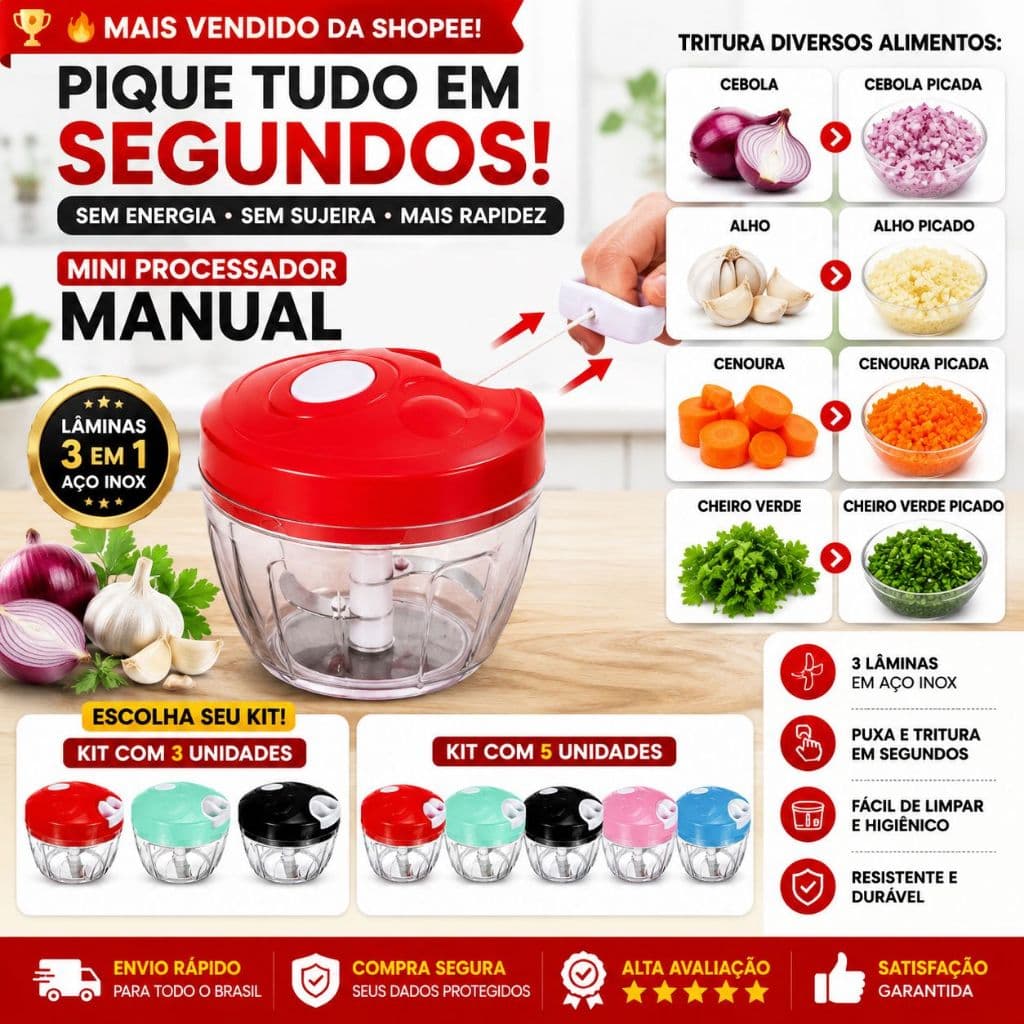 Kit 3 ou 5 Processador Manual 500ml Triturador Alimentos Alho Cebola 3 Lâminas Inox Multiuso