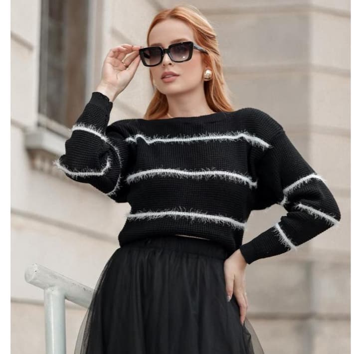 Blusa Tricot suéter blusa feminina elegante detalhe fio angora pelinhos listrada