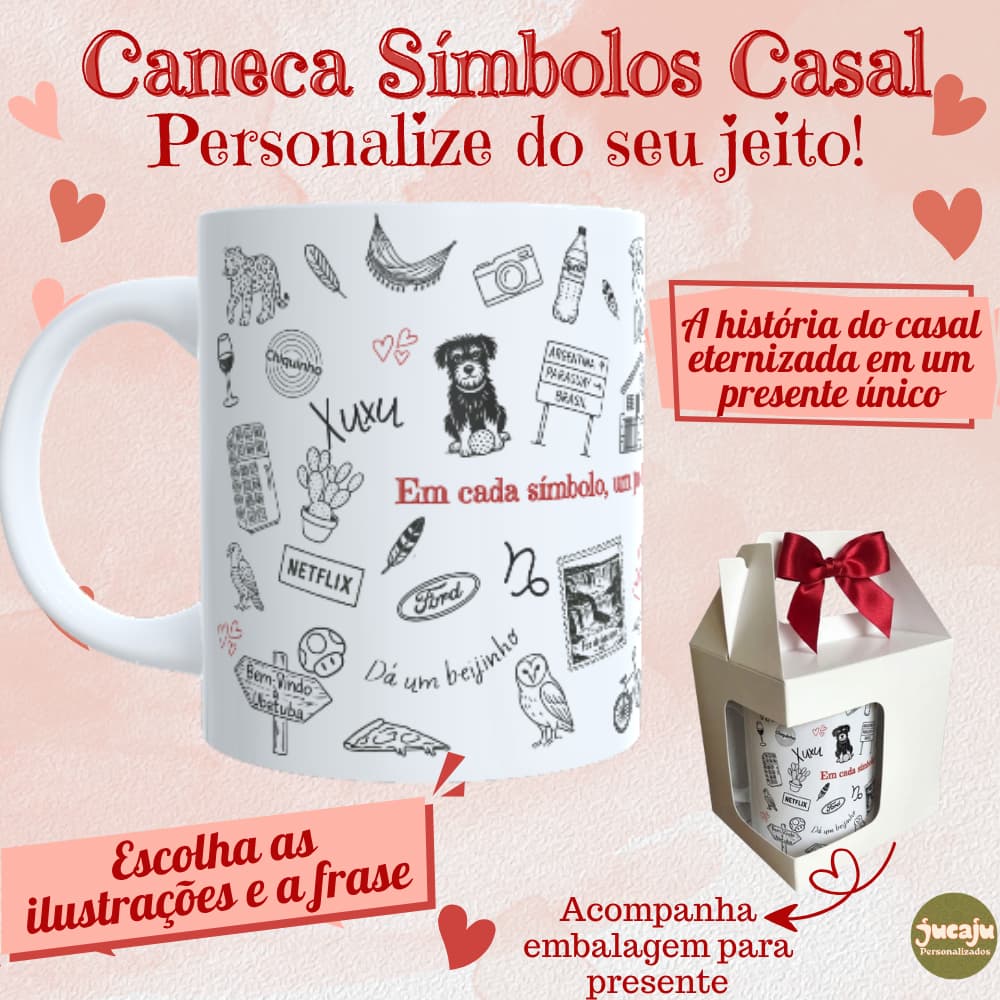 Caneca Símbolos História do Casal Personalizada | Presente Aniversário de Namoro, Casamento, Bodas