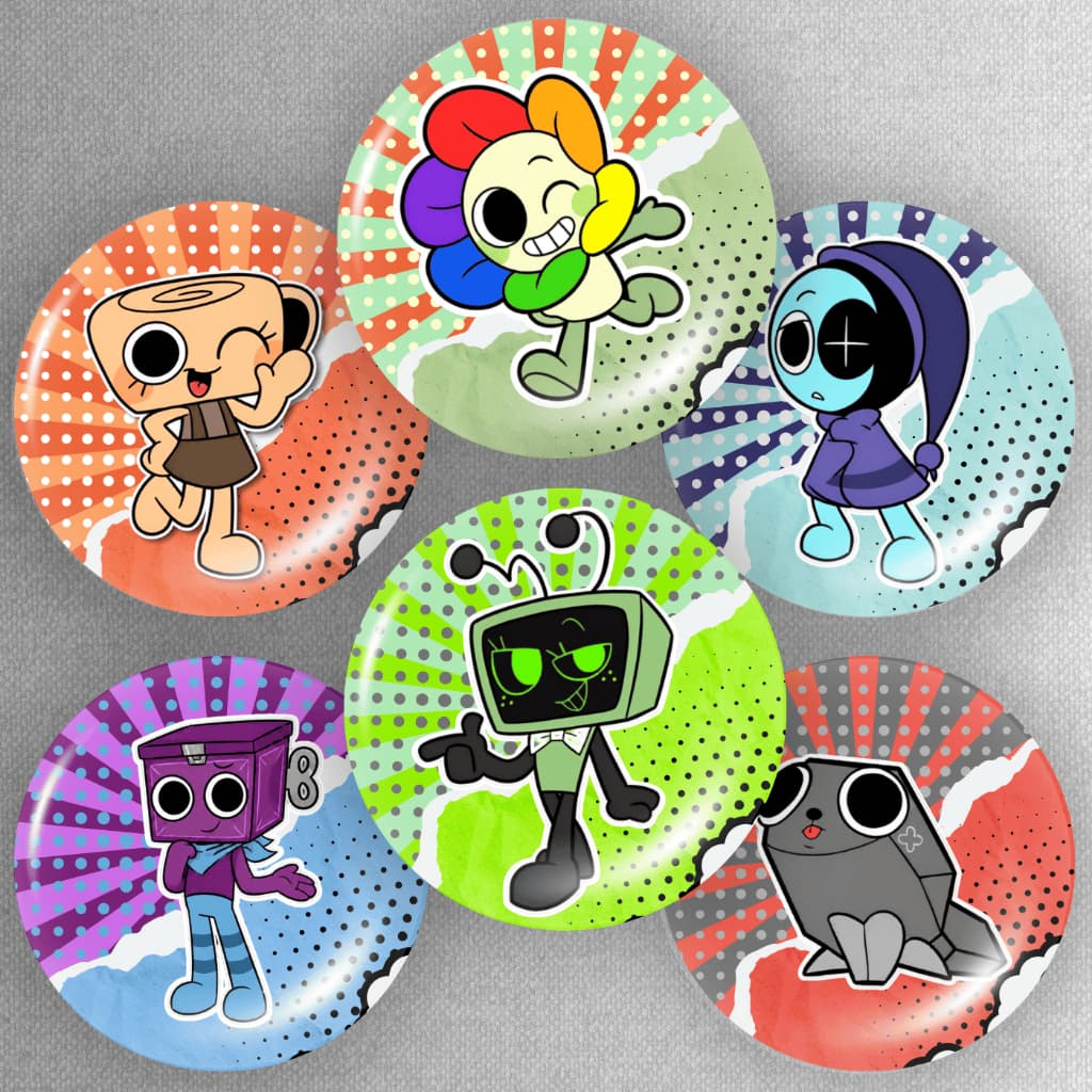 Kit 6 Bottons Dandys World Broches 45mm Gamer Colecionável Pin P/Mochilas e Estojos