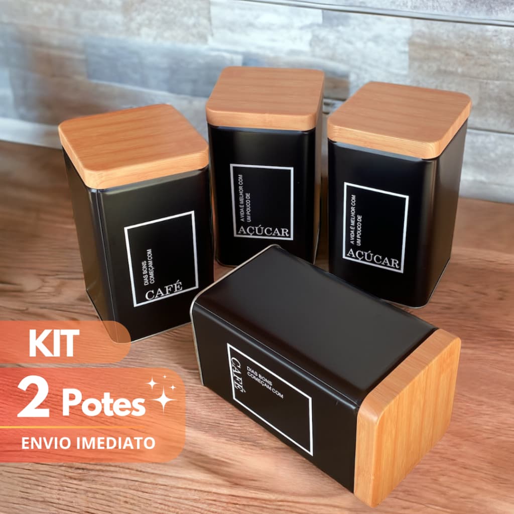 Kit 2 Latas Porta Café e Açúcar Porta Mantimentos Cozinha Tampa de Bambu Pote Hermético Metal Quadrado Preto