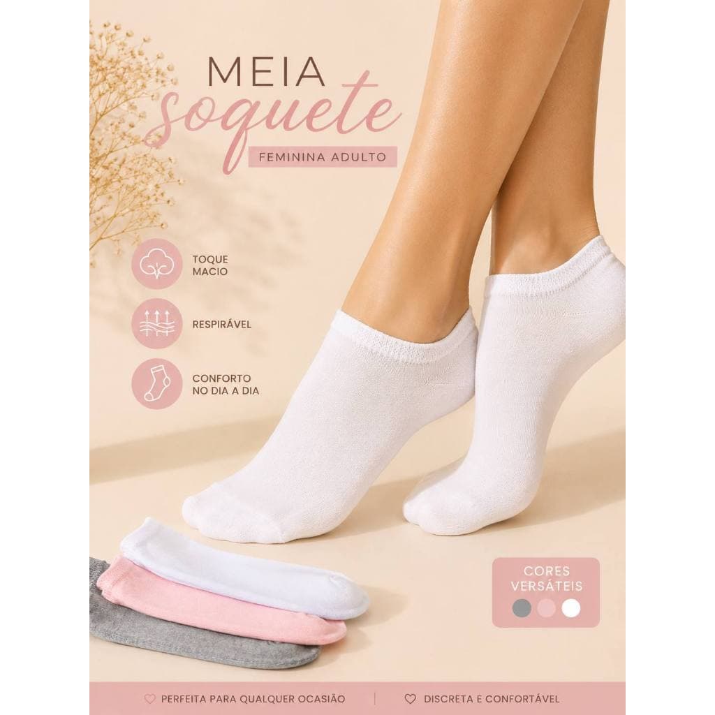 Kit Com 3 Até 12 Pares De Meias Femininas Soquete Cano Curto Algodão
