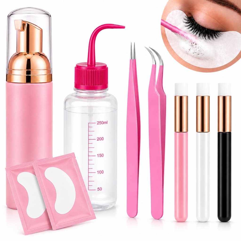 Kit Limpeza para Extensão de Cílios com Espumador Pisseta Pinça e Pads