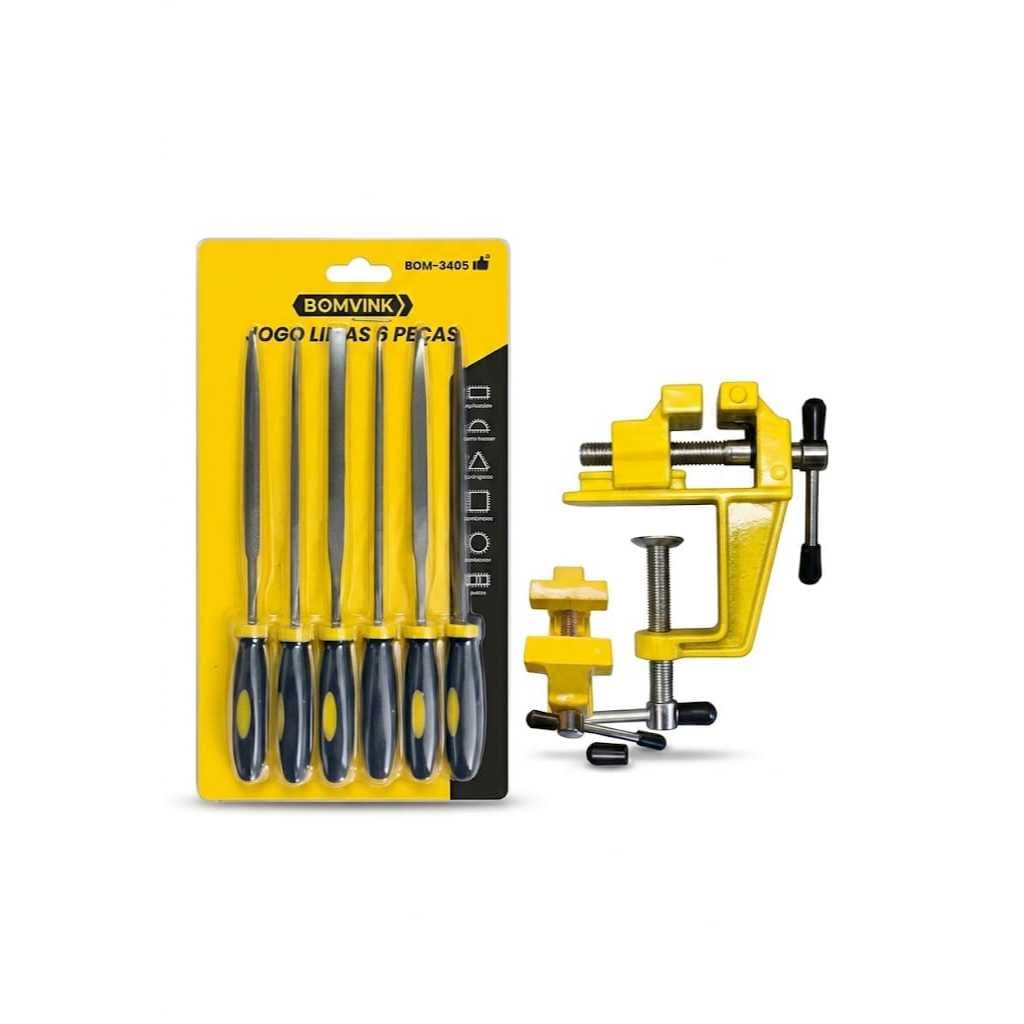 Kit 6 Limas Agulha Triangular Chata + Mini Torno De Bancada