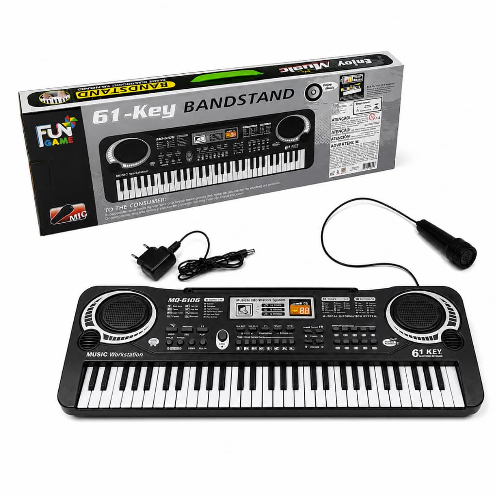 Teclado Elétrico 61 Teclas Musical Infantil com Microfone e Fonte