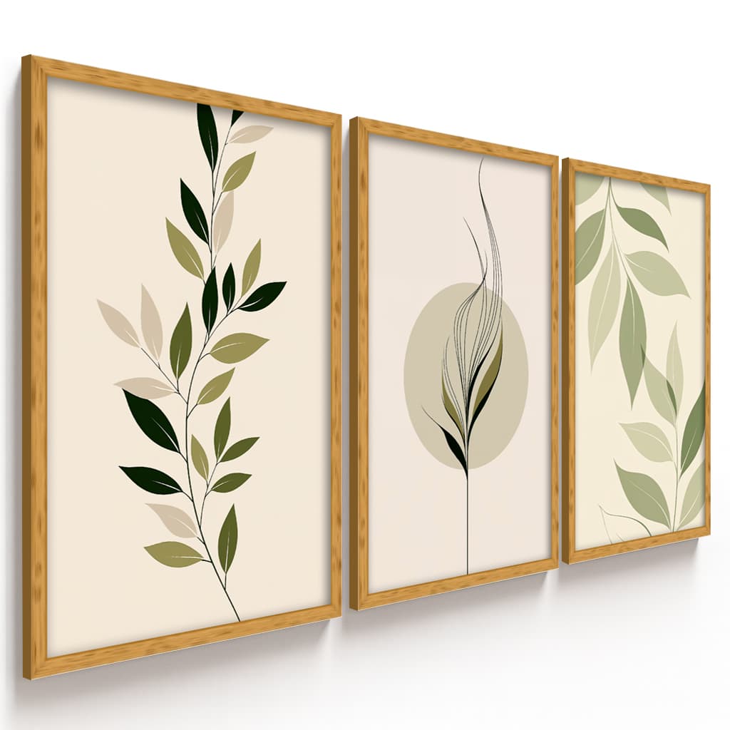 Kit 3 Quadros Decorativos Folhagens Verdes Botânico Minimalista Escandinavo Natureza Abstrata