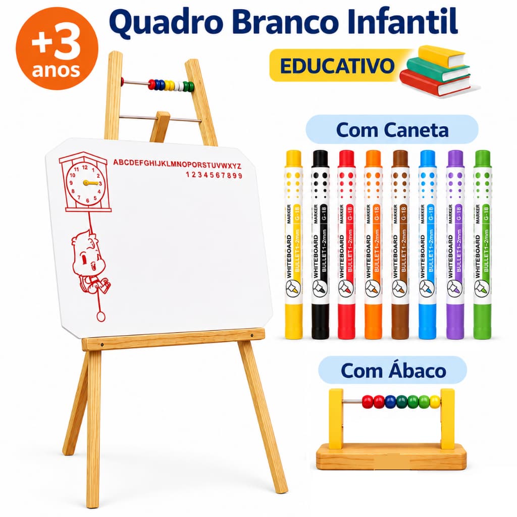 Lousa Quadro Branco Infantil Com Cavalete + Canetas Coloridas + Apagador