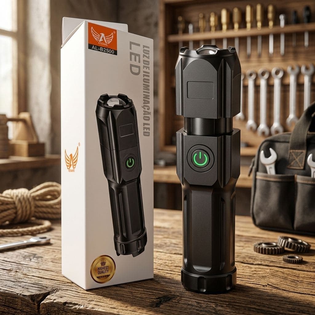 Lanterna Tática Militar LED Potente Recarregável USB Com Zoom Atomic AL-B2500 Lanterna de Bolso Para Camping