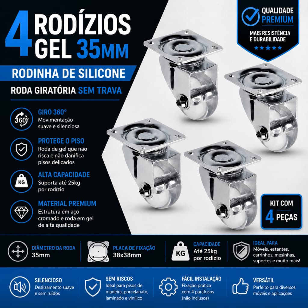 4 Rodizios Gel 35mm Rodinha Silicone Roda Giratoria  S/Trava
