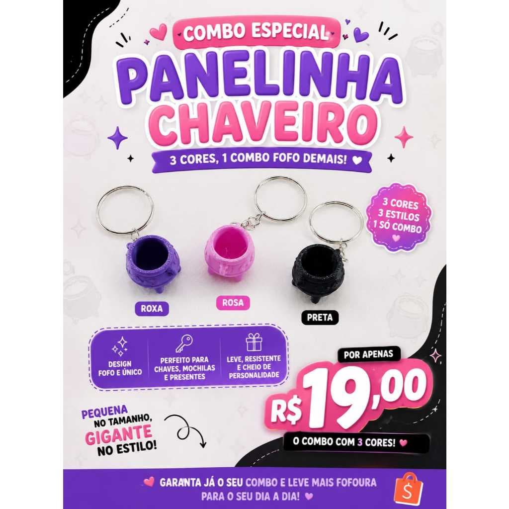 Combo 3 Mini Panelinhas Chaveiro | Rosa, Roxa e Preta | Impressão 3D