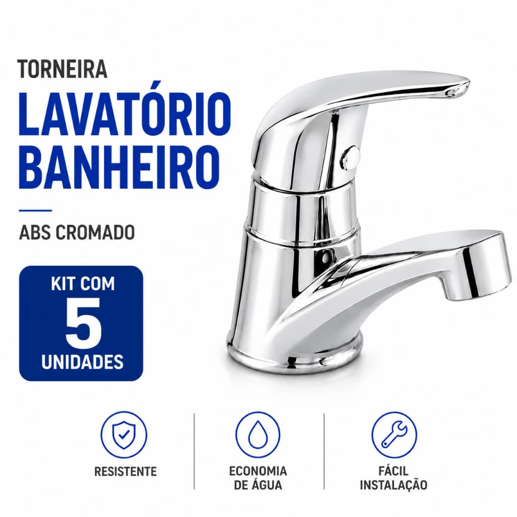 Torneira Lavatório Banheiro Abs Cromada | Torneira para Lavatório Banheiro | Kit 5 Unidades