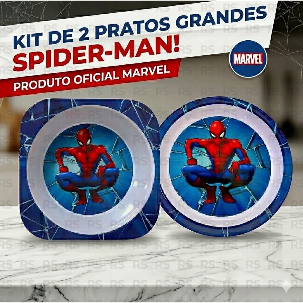 Tigela e Prato Infantil Homem-Aranha Spider-Man Marvel Melamina Resistente Tea Divertida Refeição