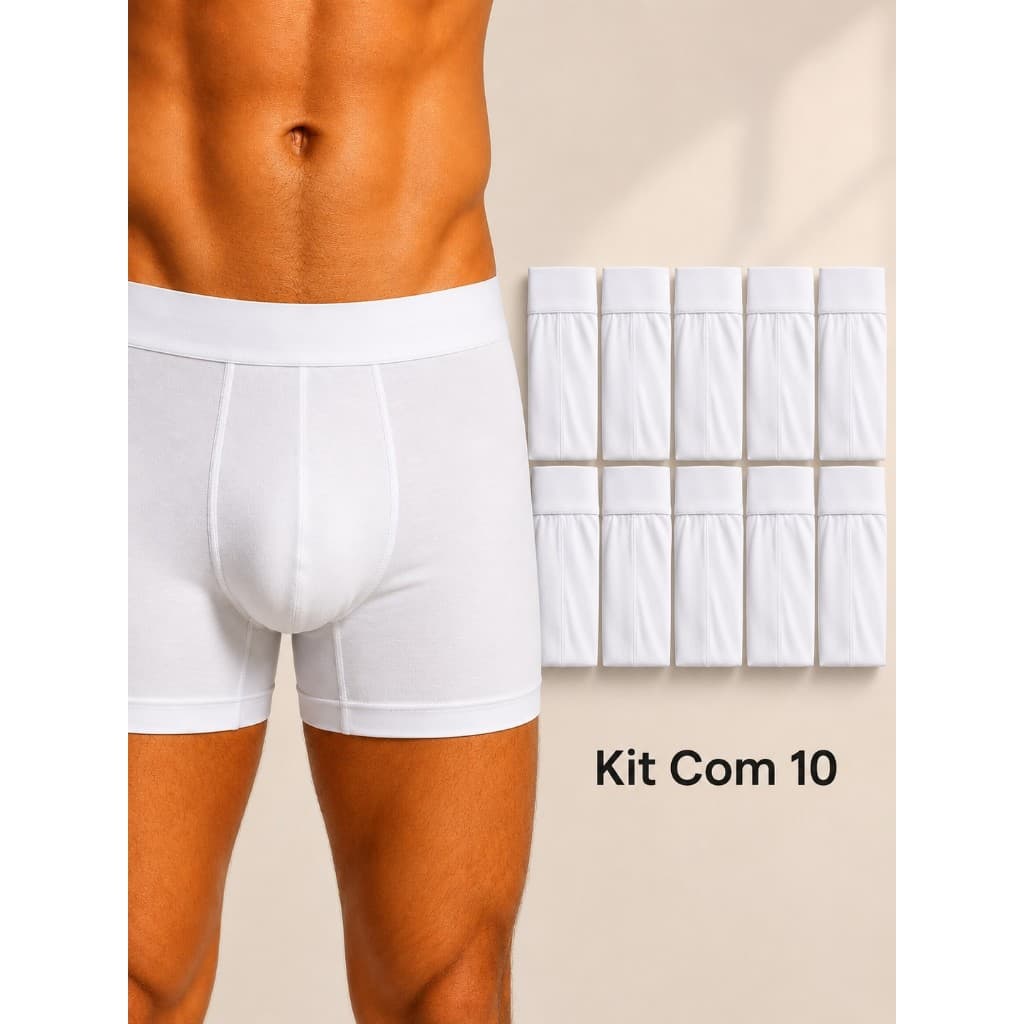 Kit Com 10 Cuecas Boxer De Microfibra Adulto Box Masculina Lisas Brancas