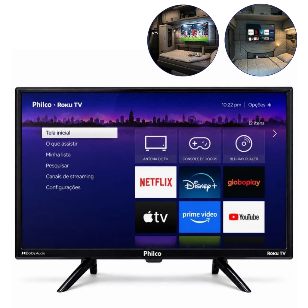 Smart TV Philco 24" LED Entrada Bateria 12v para Caminhão, Trailer, MotorHome e Viagens