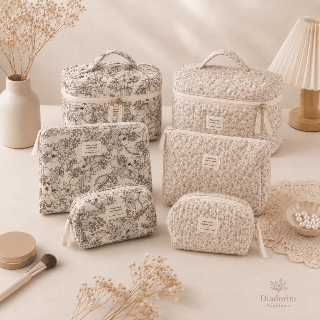 Necessaire Acolchoada Floral Vintage | Organizador de Maquiagem Viagem Bolsa de Cosméticos com Zíper | So Many Flowers