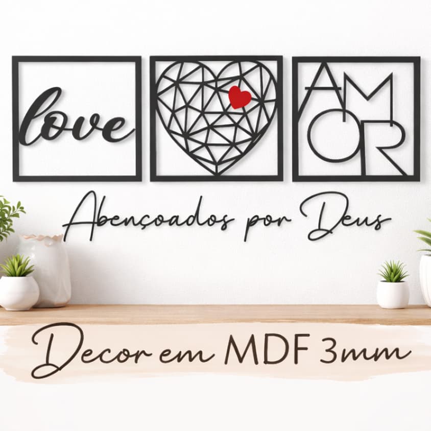 Kit 3 Quadros Decorativos em MDF Frase Abençoados Deus Decoração para Quarto e Sala