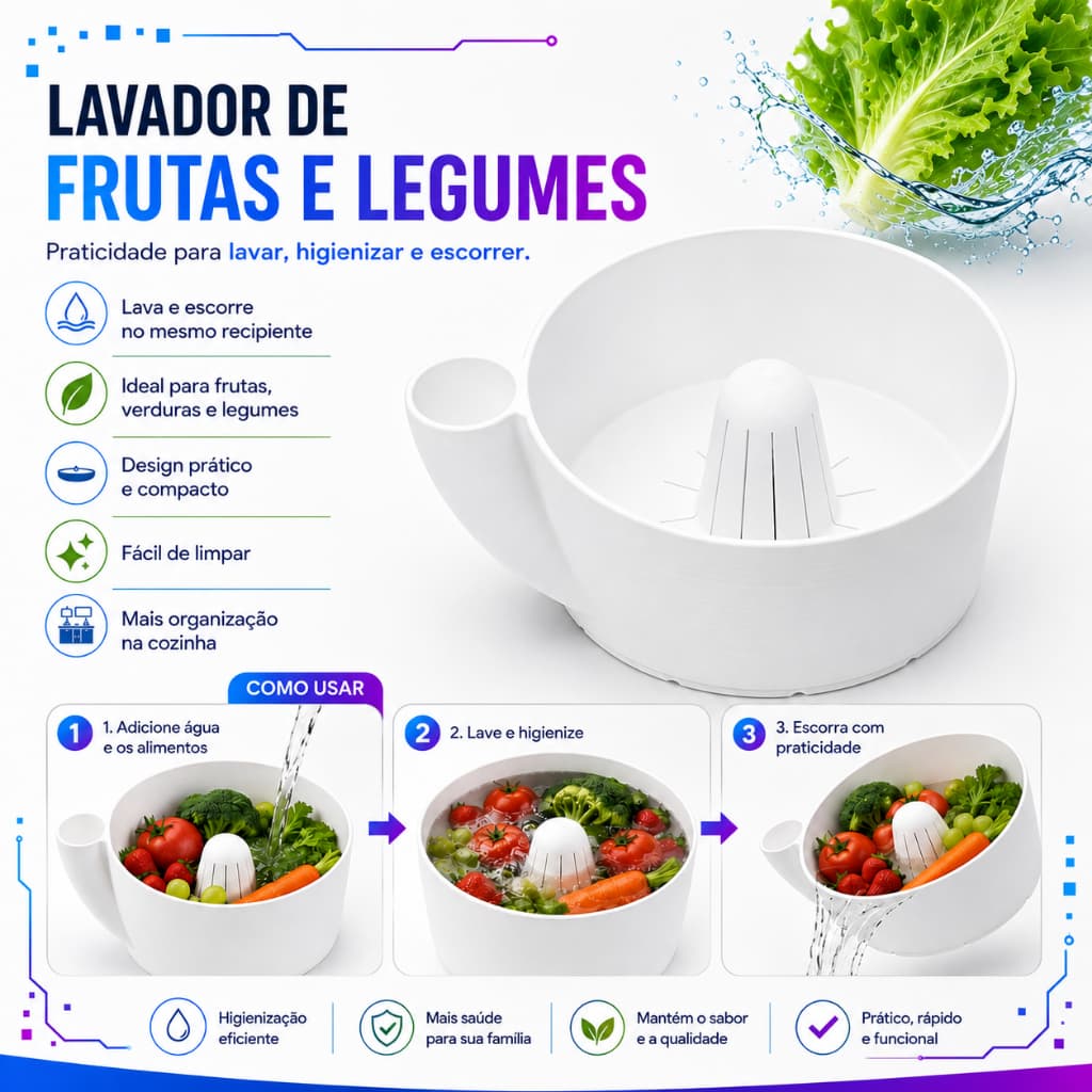 Lavador de Frutas e Legumes Escorredor Higienizador Multifuncional 3D