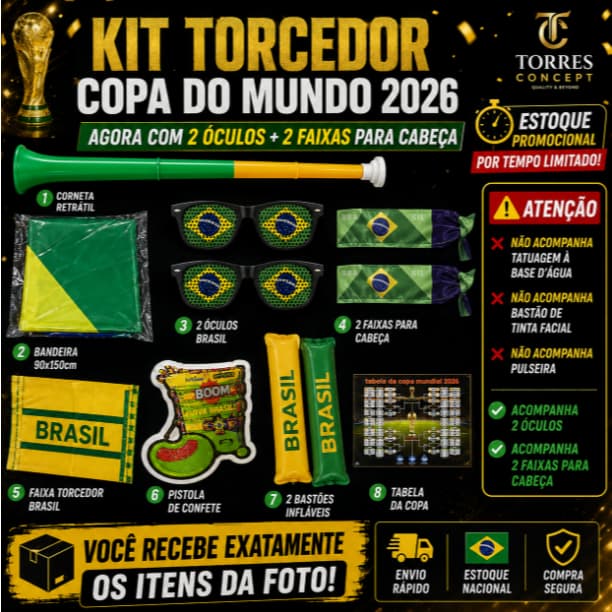 Kit Torcedor Copa Do Mundo Brasil 2026 11 Itens Corneta Oculos Bandeira Adereços Festa Futebol Promo