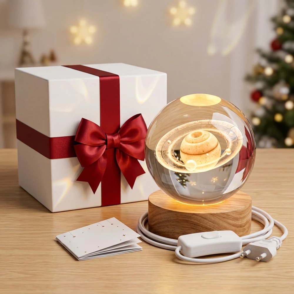Luminária Bola de Cristal Galáxia LED com Base de Madeira