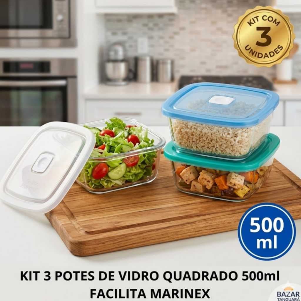 Kit 3 Potes De Vidro Quadrado 500ml Com Tampa Facilita Marinex Para Microondas Marmita Geladeira Vasilh