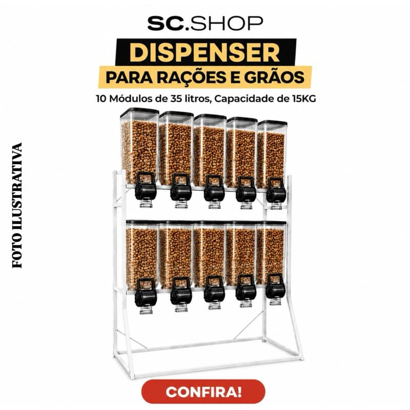 Dispenser Rações e Grãos Ideal Uso A Granel 10 Módulos de 35 Litros Capacidade 15 kg