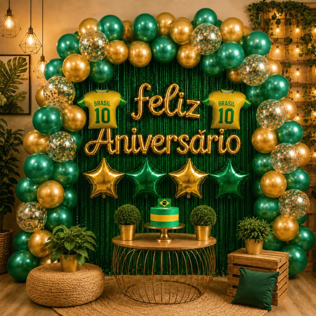 Kit Copa Brasil Feliz Aniversário Verde Amarelo Painel Cortina Balões Estrela Metalizados Decoração